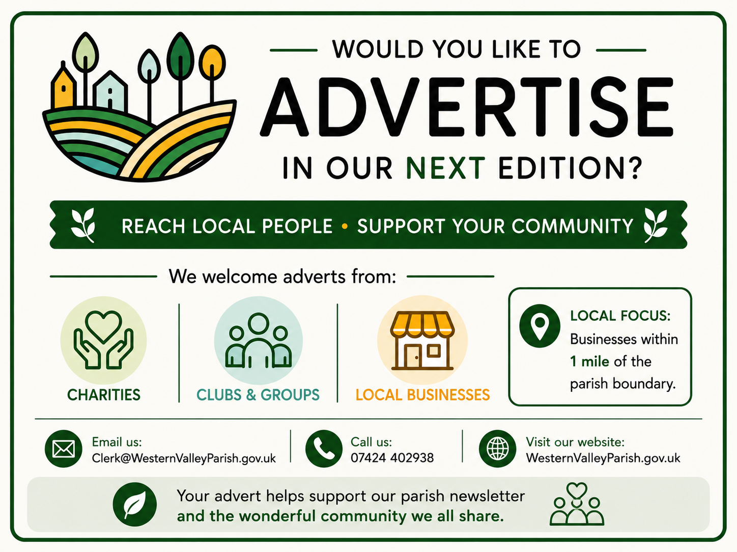 Western Valley Parish Council graphic inviting charities, clubs, community groups and local businesses within one mile of the parish boundary to advertise in the parish newsletter, with contact details and a message that advertising supports the local community.
